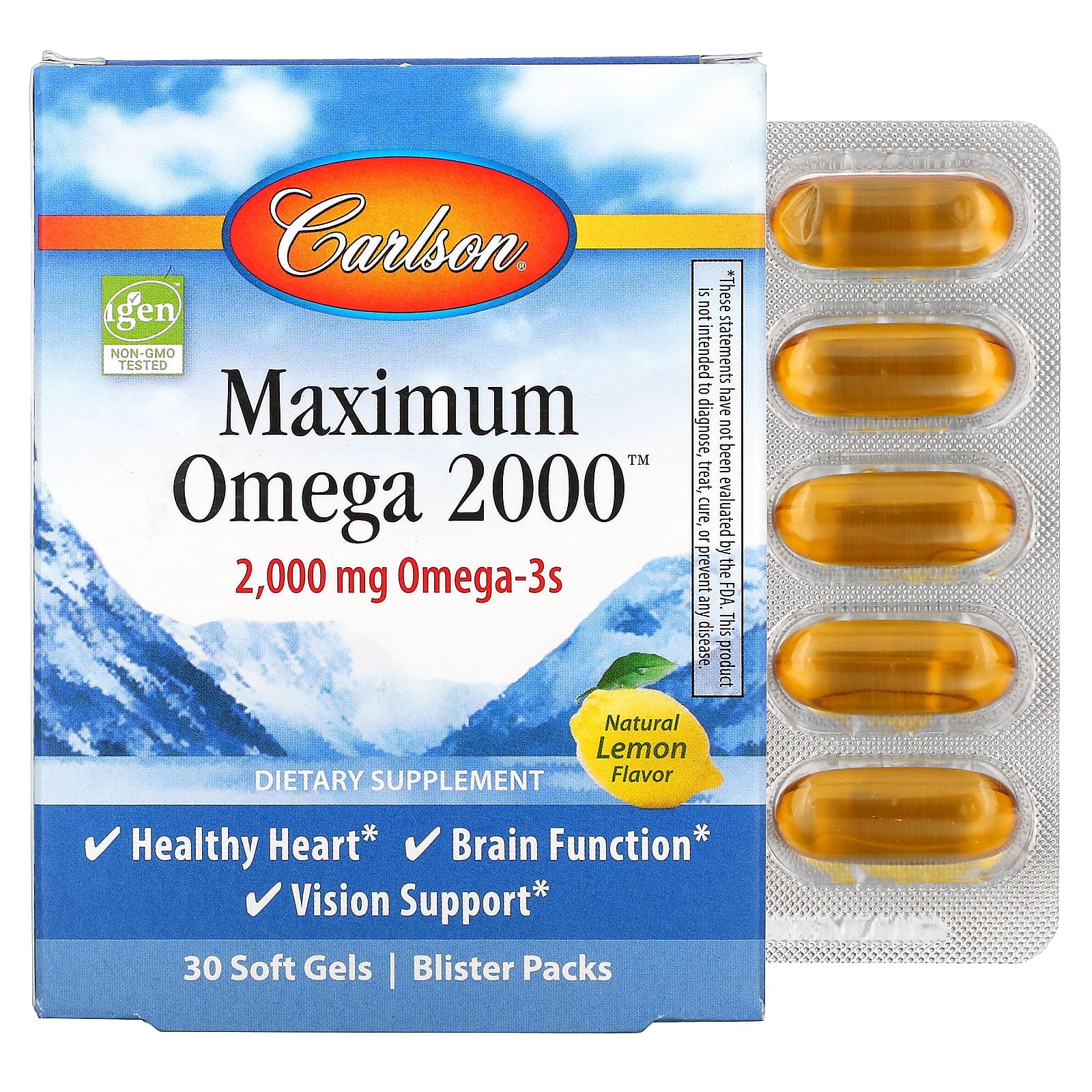 Carlson Labs, Maximum Omega 2000, Natural Lemon, 30 Softgels UPC 088395600203 | HiLife Vitamins